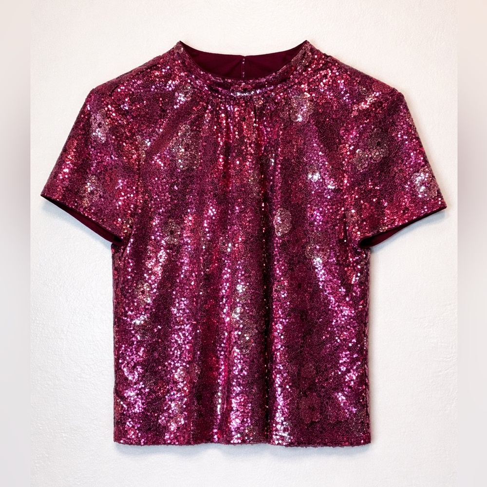 NWT Cece women pink sequins mocked neck back tie pullover top L